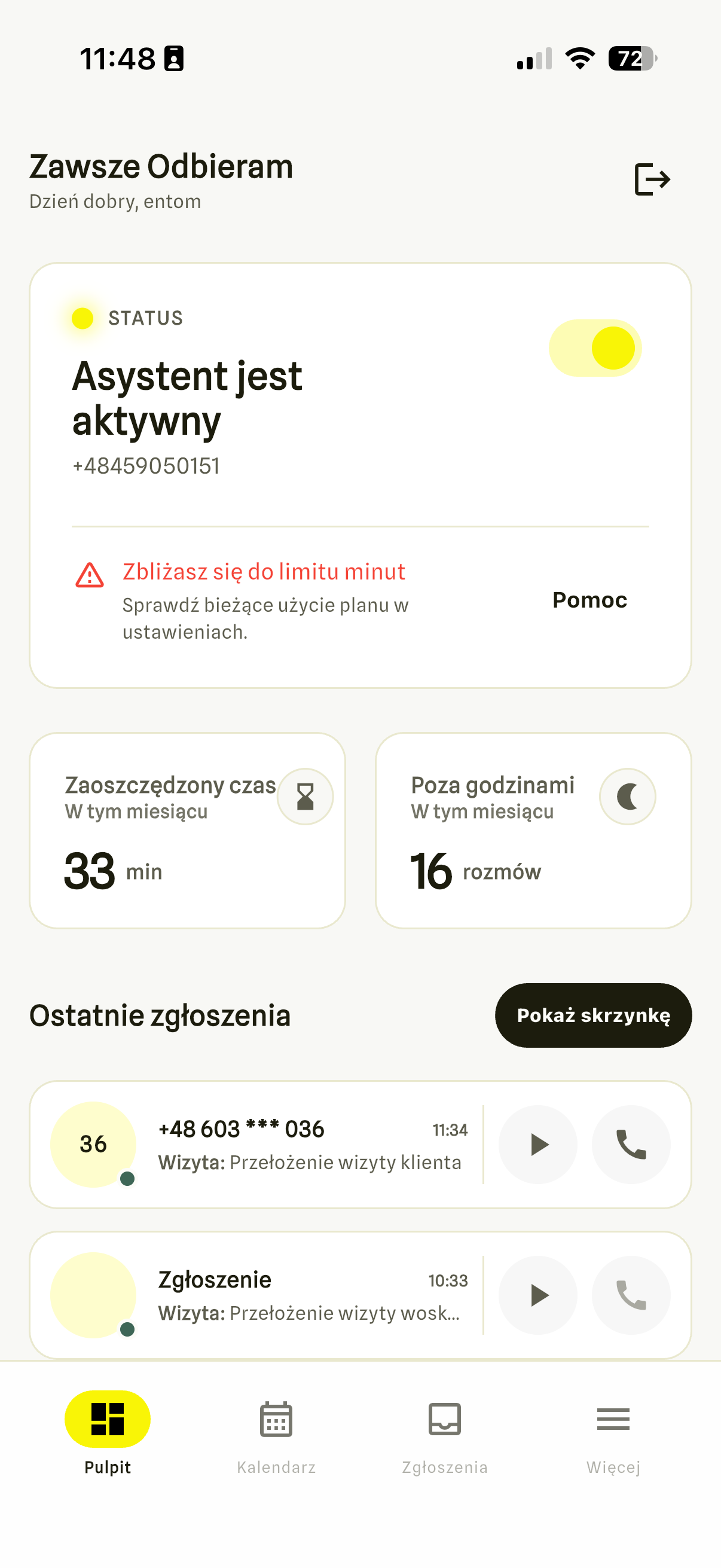 Aplikacja mobilna Zawsze Odbieram - widok kalendarza i połączeń